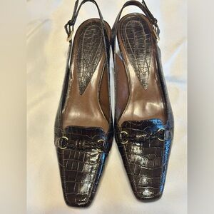 Bandolino Chocolate Crocodile Embossed leather slingback, 2 3/4 heels.